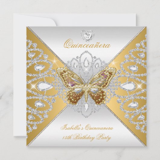 Quinceanera 15th Party Gold Silver Butterfly Tiara Kaart (Voorkant)