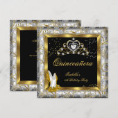 Quinceañera 15th Party Gold Silver Damask Glam Kaart (Voorkant / Achterkant)