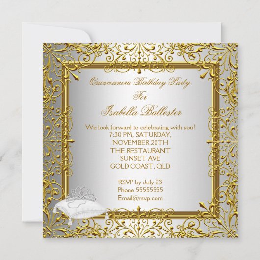 Quinceanera 15th Party Gold Silver Glitter look Kaart (Achterkant)