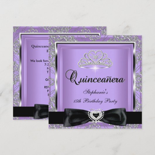 Quinceanera 15th Party Lila Damask Silver Black Kaart (Voorkant / Achterkant)