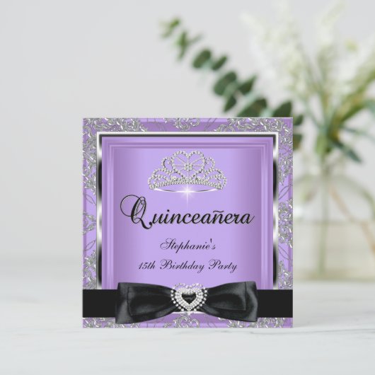 Quinceanera 15th Party Lila Damask Silver Black Kaart (Staand voorkant)