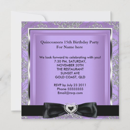 Quinceanera 15th Party Lila Damask Silver Black Kaart (Achterkant)