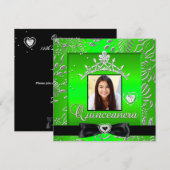 Quinceanera 15th Party Lime Green Silver Damask Kaart (Voorkant / Achterkant)