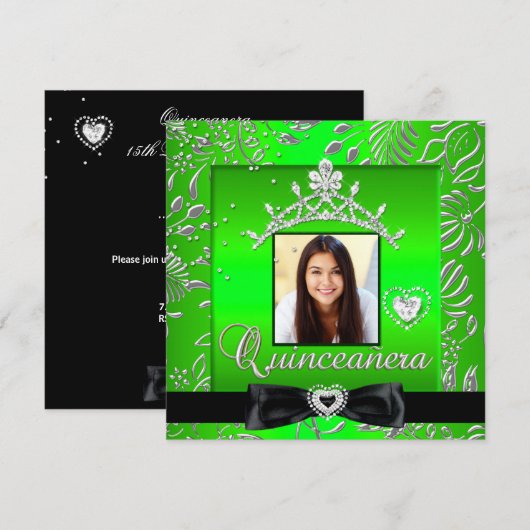 Quinceanera 15th Party Lime Green Silver Damask Kaart (Voorkant / Achterkant)