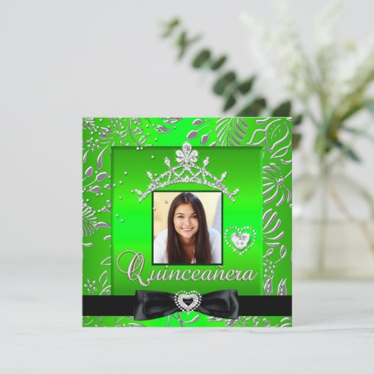 Quinceanera 15th Party Lime Green Silver Damask Kaart (Staand voorkant)