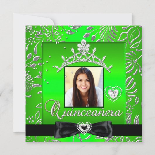 Quinceanera 15th Party Lime Green Silver Damask Kaart (Voorkant)