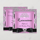 Quinceanera 15th Party Pink Damask Silver Black Kaart (Voorkant / Achterkant)