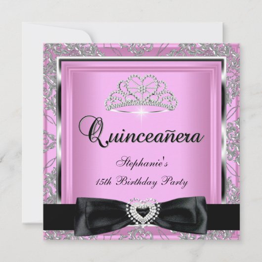 Quinceanera 15th Party Pink Damask Silver Black Kaart (Voorkant)