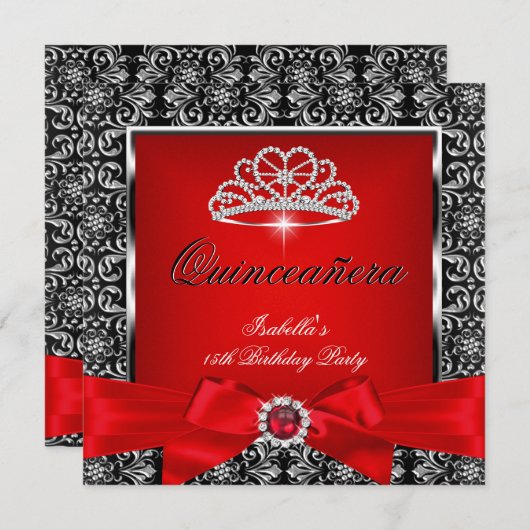 Quinceanera 15th Party Red Damask Silver Black 3 Kaart (Voorkant / Achterkant)