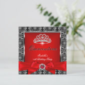 Quinceanera 15th Party Red Damask Silver Black 3 Kaart (Staand voorkant)