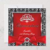 Quinceanera 15th Party Red Damask Silver Black 3 Kaart (Voorkant)
