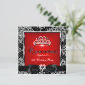 Quinceanera 15th Party Red Damask Silver Black Kaart (Staand voorkant)