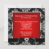 Quinceanera 15th Party Red Damask Silver Black Kaart (Achterkant)