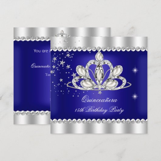 QUINCEANERA 15th Party Royal Blue Tiara Silver Kaart (Voorkant / Achterkant)