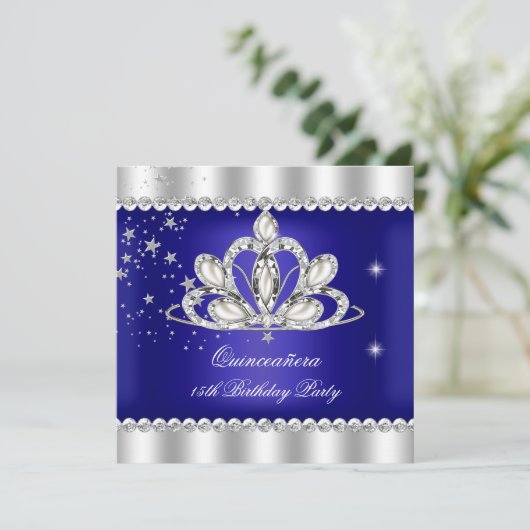 QUINCEANERA 15th Party Royal Blue Tiara Silver Kaart (Staand voorkant)