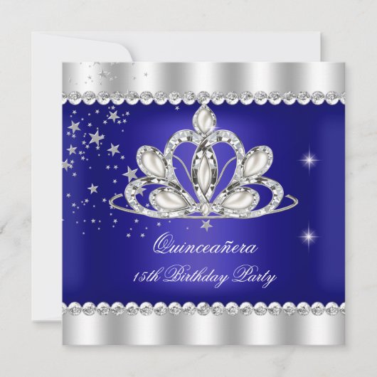 QUINCEANERA 15th Party Royal Blue Tiara Silver Kaart (Voorkant)