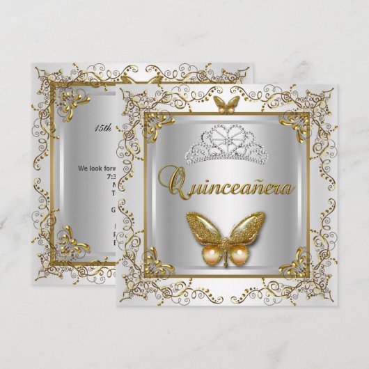 Quinceanera 15th Party Silver White Gold Butterfly Kaart (Voorkant / Achterkant)