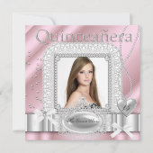 Quinceanera 15th Pink White Lace Pearl Foto Kaart (Voorkant)