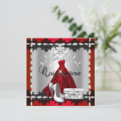 Quinceanera 15th Red Black Silver Diamond Tiara Kaart (Staand voorkant)