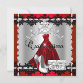 Quinceanera 15th Red Black Silver Diamond Tiara Kaart (Voorkant)