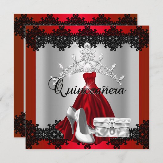 Quinceanera 15th Red Black Silver Diamond Tiara Kaart (Voorkant / Achterkant)