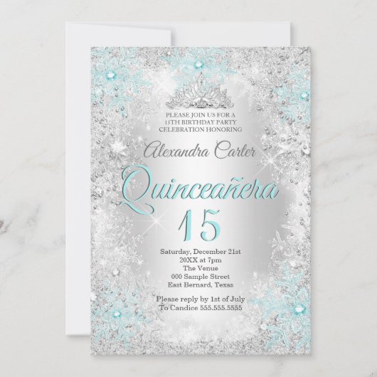 Quinceanera 15th Silver Blauwgroen Blue Snowflake  Kaart (Voorkant)