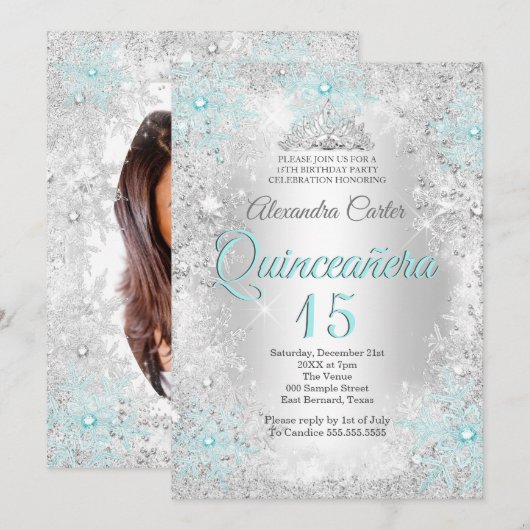 Quinceanera 15th Silver Blauwgroen Blue Snowflake  Kaart (Voorkant / Achterkant)