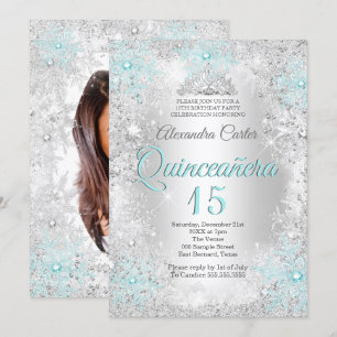 Quinceanera 15th Silver Blauwgroen Blue Snowflake  Kaart