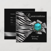 Quinceanera 15th Silver Zebra Blauwgroen zwarte gr Kaart (Voorkant / Achterkant)