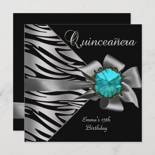 Quinceanera 15th Silver Zebra Blauwgroen zwarte gr Kaart (Voorkant / Achterkant)