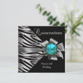 Quinceanera 15th Silver Zebra Blauwgroen zwarte gr Kaart (Staand voorkant)