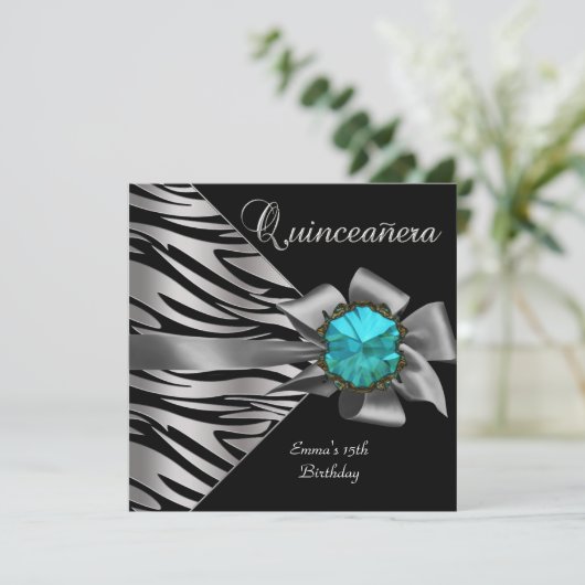 Quinceanera 15th Silver Zebra Blauwgroen zwarte gr Kaart (Staand voorkant)