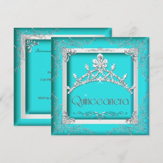 Quinceanera 15th Turquoise Silver Tiara 15 Party Kaart (Voorkant / Achterkant)