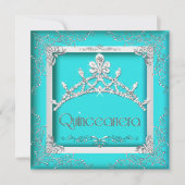 Quinceanera 15th Turquoise Silver Tiara 15 Party Kaart (Voorkant)