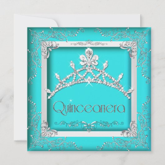 Quinceanera 15th Turquoise Silver Tiara 15 Party Kaart (Voorkant)