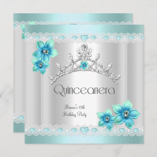 Quinceanera 15th White Blauwgroen Blue Silver Tiar Kaart (Voorkant / Achterkant)