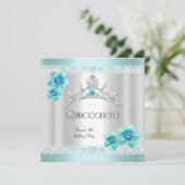 Quinceanera 15th White Blauwgroen Blue Silver Tiar Kaart (Staand voorkant)