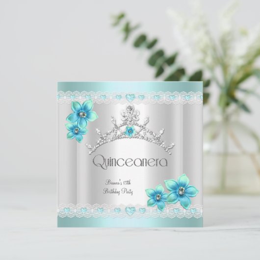 Quinceanera 15th White Blauwgroen Blue Silver Tiar Kaart (Staand voorkant)