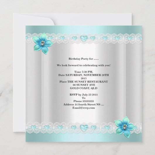 Quinceanera 15th White Blauwgroen Blue Silver Tiar Kaart (Achterkant)