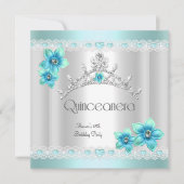 Quinceanera 15th White Blauwgroen Blue Silver Tiar Kaart (Voorkant)