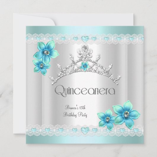 Quinceanera 15th White Blauwgroen Blue Silver Tiar Kaart (Voorkant)