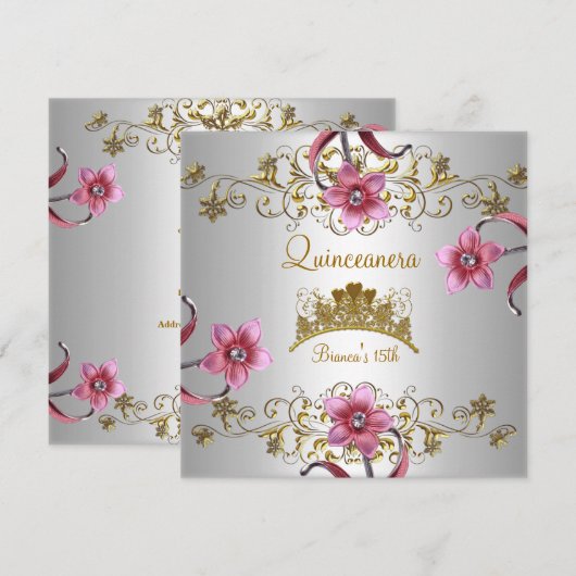 Quinceanera 15th White Pink Flowers Gold Tiara Kaart (Voorkant / Achterkant)