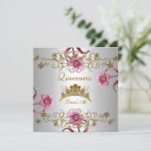 Quinceanera 15th White Pink Flowers Gold Tiara Kaart (Staand voorkant)