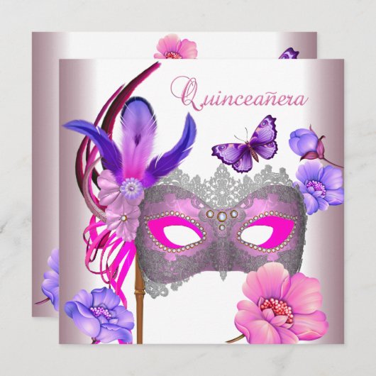 Quinceanera 15th White Pink Paars Mask Kaart (Voorkant / Achterkant)