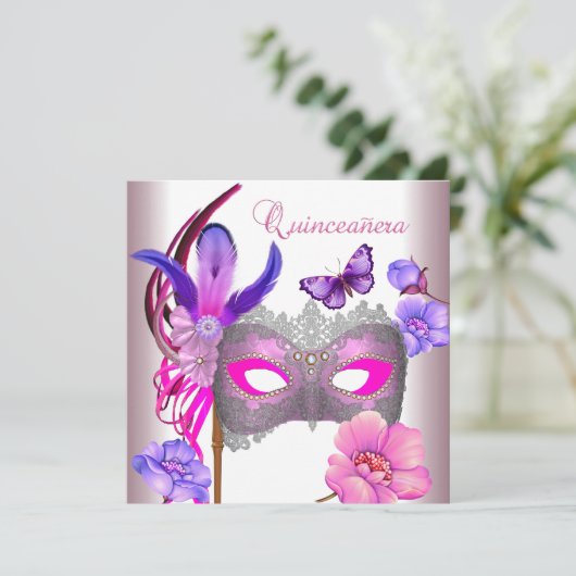 Quinceanera 15th White Pink Paars Mask Kaart (Staand voorkant)
