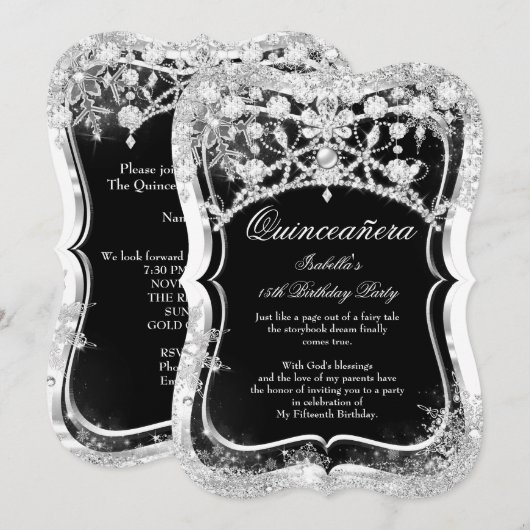 Quinceanera 15th Winter Wonderland Black Silver Kaart (Voorkant / Achterkant)