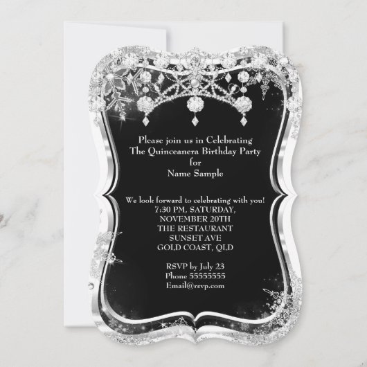 Quinceanera 15th Winter Wonderland Black Silver Kaart (Achterkant)