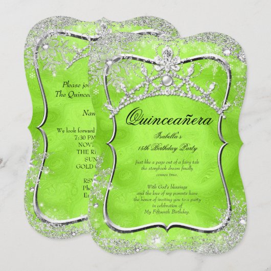 Quinceanera 15th Winter Wonderland Lime Green Kaart (Voorkant / Achterkant)