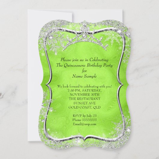 Quinceanera 15th Winter Wonderland Lime Green Kaart (Achterkant)