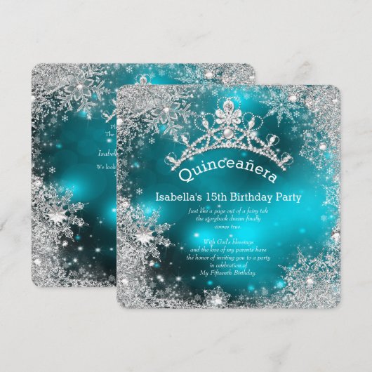 Quinceanera 15th Winter Wonderland Silver Blauwgro Kaart (Voorkant / Achterkant)